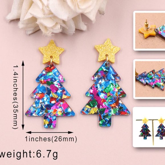 Adorable confetti lucite in bright colors Christmas Tree earrings With gold star - Picture 2 of 2